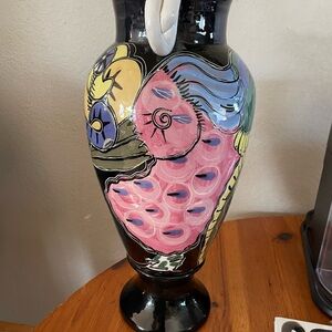 Colorful Abstract Ceramic Vase, Art Deco Birds/Parrots, Slater c. 1980